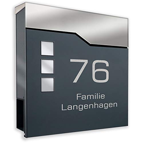 Zalafino Briefkasten anthrazit RAL 7016 mit Beschriftung - individualisierbarer Design-Briefkasten aus pulverbeschichtetem Stahl mit Zeitungsrolle und 3 Sichtfeldern