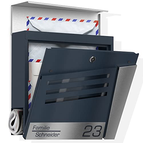 Graviers Design Briefkasten mit Zeitungsfach in Anthrazit RAL 7016 - Sichtfenster Postkasten personalisiert Edelstahl Namen Hausnummer Laserschnitt Gravur - Wandbriefkasten mit Schloss