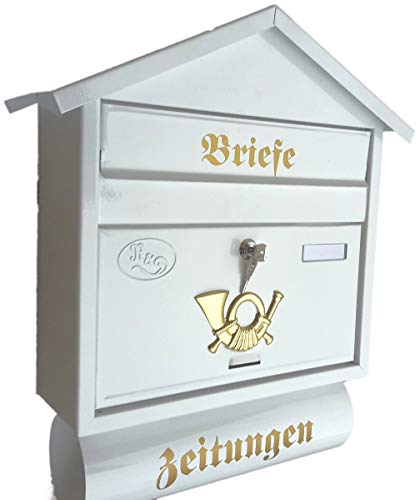Naturholz-Schreinermeiste r Großer Briefkasten/Postkasten XXL Weiß mit Zeitungsrolle Zeitungsfach Spitzdach Zeitungsrohr