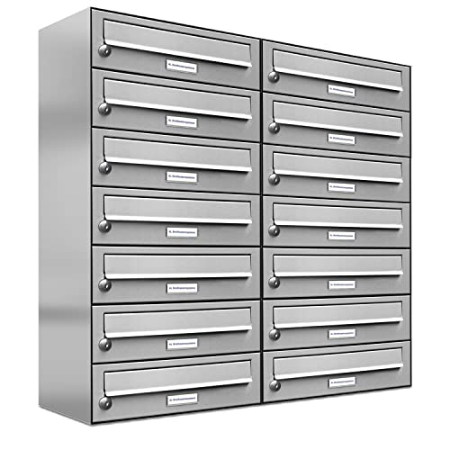 AL Briefkastensysteme 14er Briefkastenanlage Edelstahl, Premium Briefkasten DIN A4, 14 Fach Postkasten modern Aufputz