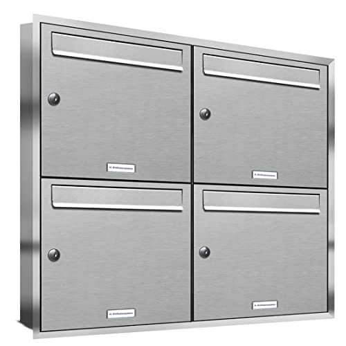 AL Briefkastensysteme, 4er Unterputzbriefkasten, Briefkasten rostfrei, 4 Fach Briefkastenanlage modern, Edelstahl Postkasten