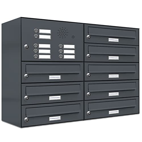 AL Briefkastensysteme 8er Briefkastenanlage Anthrazit Grau RAL 7016, Premium Briefkasten DIN A4, 8 Fach Postkasten modern Aufputz