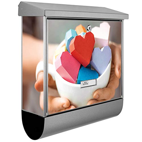 banjado® Burgwächter Briefkasten Edelstahl 38x39x12cm mit Motiv Tasse voller Herzen/Briefkasten Edelstahl ohne Zeitungsfach/Briefkasten grau/Postkasten inkl. Montagematerial & 2 Schlüsseln