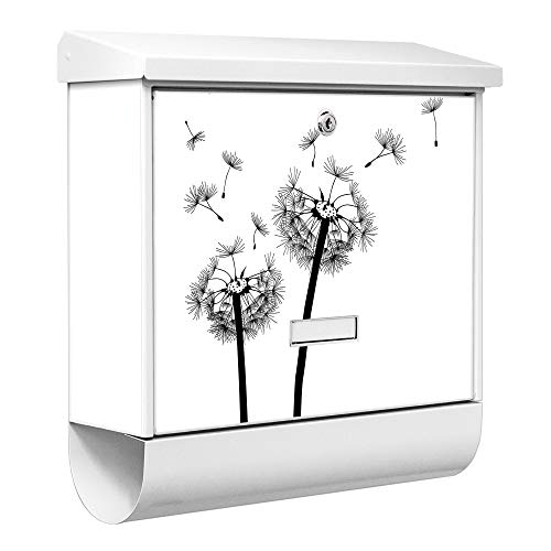 banjado® Burgwächter Briefkasten Weiß 38x39x12cm mit Motiv Pusteblume 2/ Briefkasten mit Zeitungsfach/Briefkasten mit Zeitungsrolle/Postkasten inkl. Montagematerial & 2 Schlüsseln