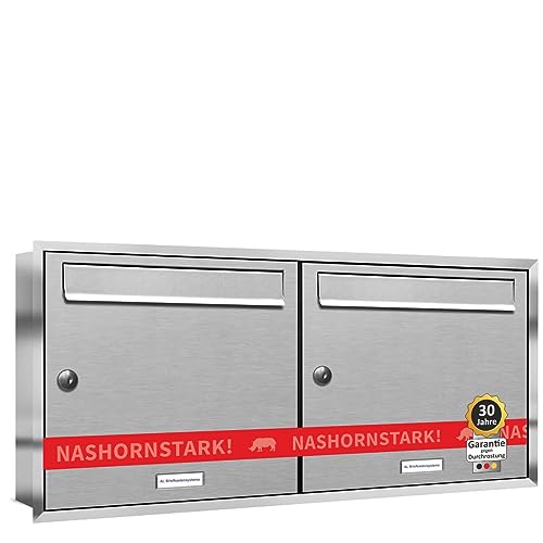 AL Briefkastensysteme, 2er Unterputzbriefkasten, Doppel-Briefkasten rostfrei, 2 Fach Briefkastenanlage modern, Edelstahl Postkasten