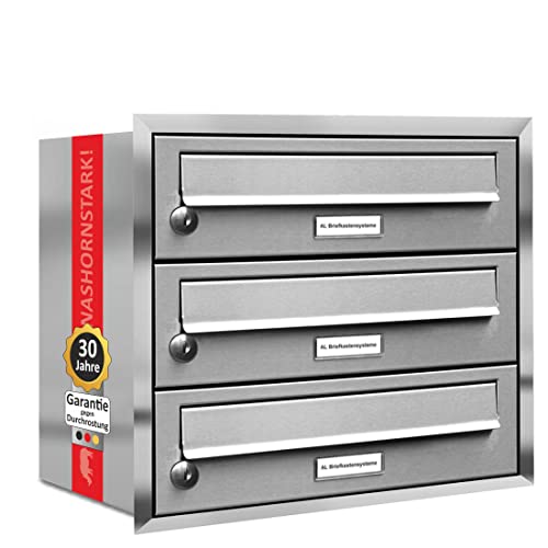 AL Briefkastensysteme, 3er Unterputzbriefkasten, Briefkasten rostfrei, 3 Fach Briefkastenanlage modern, Edelstahl Postkasten