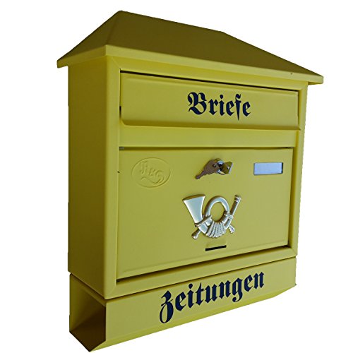 Naturholz-Schreinermeiste r Großer Briefkasten/Postkasten XXL Gelb Matt mit Zeitungsrolle Trapetzdach Zeitungsfach Zeitungsrohr