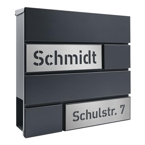 AlbersDesign - Personalisierter Design Briefkasten individuell mit Name/Anthrazit (RAL7016) - mit individuellen Edelstahl-Schildern