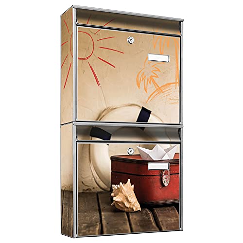 banjado® Briefkastenanlage 2 Fach 36x64x10cm mit Motiv/Briefkasten groß mit Namensschild/Postkasten A4 Einwurf inkl. Montagematerial & je 2 Schlüsseln/Briefkasten ohne Zeitungsfach