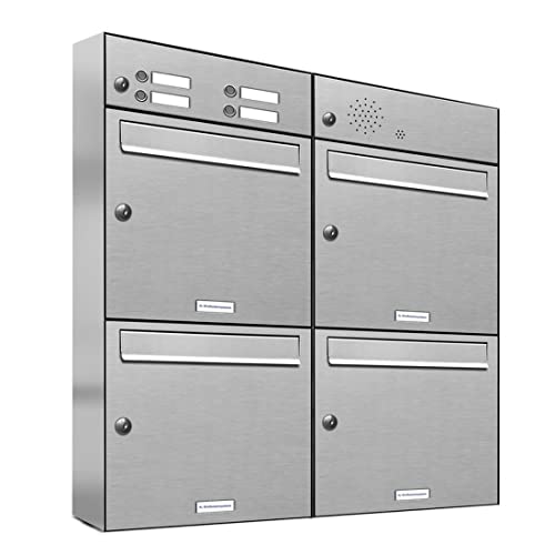 AL Briefkastensysteme 4er Briefkastenanlage mit Klingel, Edelstahl, Premium Briefkasten DIN A4, 4 Fach Postkasten modern Aufputz