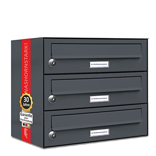 AL Briefkastensysteme 3er Briefkasten in Anthrazitgrau RAL 7016, Premium Briefkasten DIN A4, 3-Fach Postkasten modern Aufputz