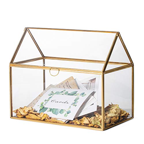 NCYP Geometrische Glas Hochzeitskarten Box, 26x15x21cm,Handgefertigt Kupfer House Form Dekorative Schachtel, Mittelpunkt Tischplatte Übertopf,Card Box (Nur Glasbox)