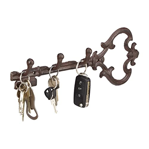 Relaxdays Schlüsselbrett, 3 Haken, dekorative Schlüsselform, Vintage, antik, Gusseisen, HBT 12,5 x 33 x 4,5 cm, braun