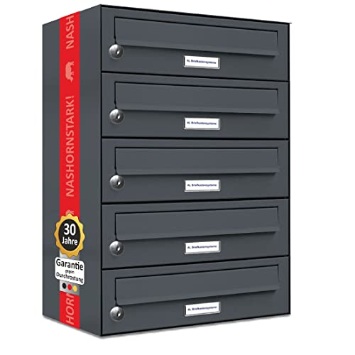 AL Briefkastensysteme 5er Briefkastenanlage Anthrazit Grau RAL 7016, Premium Briefkasten DIN A4, 5 Fach Postkasten modern Aufputz