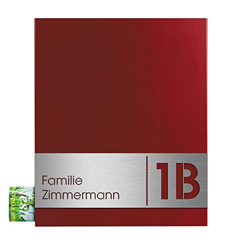 Design-Briefkasten mit Zeitungsfach Rubin-rot (RAL 3003) MOCAVI Box 111 Postkasten mit Hausnummer und Name V4A-Edelstahl graviert modern groß DINA4