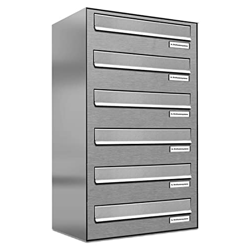 AL Briefkastensysteme 6er Briefkasten für Tür/Zaundurchwurf in V2A Edelstahl, 6 Fach, wetterfeste Premium Briefkastenanlage Design modern