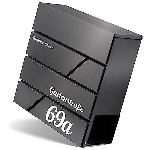 Design Anthrazit Briefkasten mit Hausnummer & Ihre Namen UV-Druck Personalisiert, Wandbriefkasten mit Extra Zeitungsfach, Briefkasten Groß 37x37x10.5cm,Hochwertig Pulverbeschichteter Verzinkter Stahl