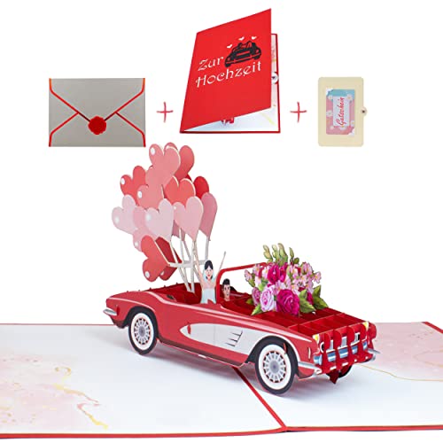 uniqHeart® Handgemachte 3D Pop-Up Hochzeits-Karte Brautpaar in Auto - inkl. edlem Wachs-Siegel und elegantem Geschenk-Umschlag - Glückwunsch-Karte - Standesamt - Trauung- Gutschein