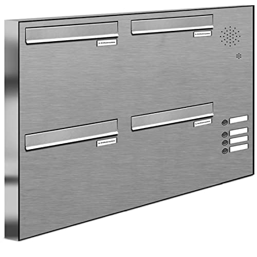 AL Briefkastensysteme 4er Briefkasten für Tür/Zaundurchwurf in V2A Edelstahl mit Klingel, 4 Fach, wetterfeste Premium Briefkastenanlage modern