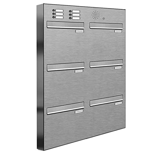 AL Briefkastensysteme 6er Briefkasten für Tür/Zaundurchwurf in V2A Edelstahl mit Klingel, 6 Fach, wetterfeste Premium Briefkastenanlage modern