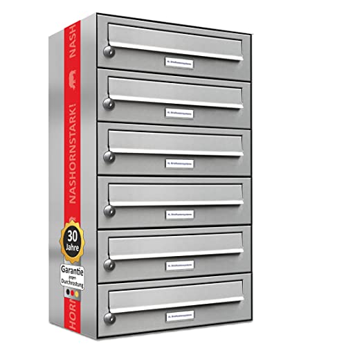 AL Briefkastensysteme 6er Briefkastenanlage Edelstahl, Premium Briefkasten DIN A4, 6 Fach Postkasten modern Aufputz