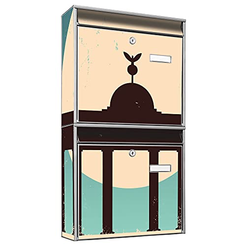 banjado® Briefkastenanlage 2 Fach 36x64x10cm mit Motiv/Briefkasten groß mit Namensschild/Postkasten A4 Einwurf inkl. Montagematerial & je 2 Schlüsseln/Briefkasten ohne Zeitungsfach