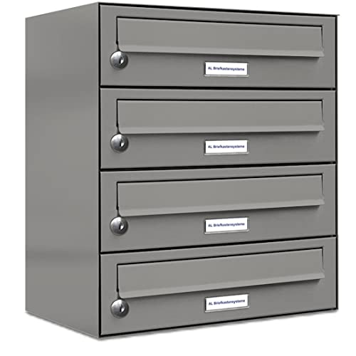 AL Briefkastensysteme 4er Briefkastenanlage Aluminiumgrau RAL 9007, Premium Briefkasten DIN A4, 4 Fach Postkasten modern Aufputz