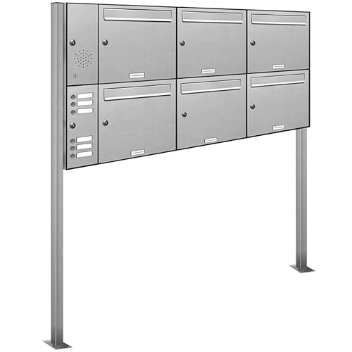 AL Briefkastensysteme 6er Edelstahl Standbriefkasten mit Klingel rostfrei als 6 Fach Briefkastenanlage in Postkasten Briefkasten Design modern