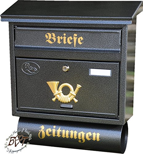 Stabiler NEU Briefkasten, Premium-Qualität, mit Schutzlackierung FG/a XXL anthrazit schwarz Farbe gold mit Zeitungsrolle fertig montiert Postkasten Post