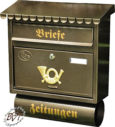 BTV Briefkasten, groß XXL, Premium-Qualität, lackiert, Hammerschlag-Optik Flachdach F/m edel Farbe Messing Gold goldfarben mit Katalogeinwurf und Zeitungsrolle