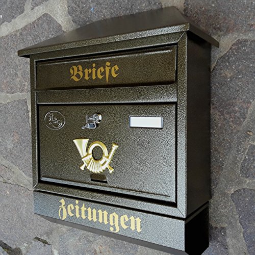 Großer Briefkasten/Postkasten Din A4 XXL Gold/Altgold mit Zeitungsrolle Zeitungsfach Schrägdach Trapezdach