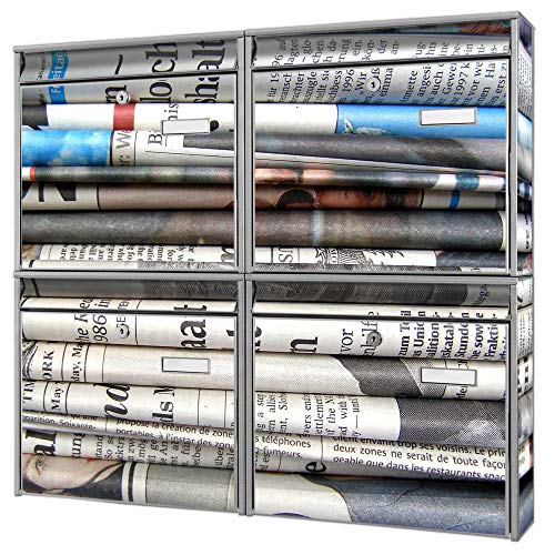 Briefkastenanlage 4 Fach | Postkästen 72x64x10cm groß | verzinkter Stahl schwarz DIN A4 Motiv Zeitungen | Briefkasten Set 4 Briefkästen Namensschild, 2 Schlüssel, Montagematerial