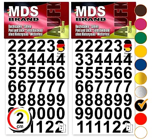MDS Brand Design 2cm Zahlen Aufkleber | Selbstklebende Klebezahlen | Vinyl Hausnummern zum Aufkleben für Briefkasten, Mülltonnen Aufkleber, Buro Aufkleber, Zahlen für Außen & Innen Peel (Schwarz)
