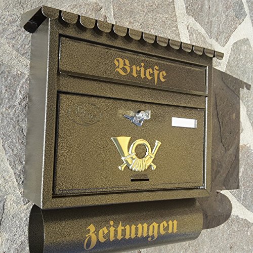 Großer Briefkasten/Postkasten XXL Gold Altgold mit Zeitungsrolle Flachdach Katalogeinwurf Zeitungsfach