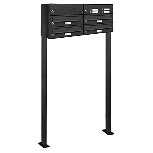 AL Briefkastensysteme 4er Standbriefkasten in Anthrazitgrau RAL 7016 mit Klingel als 4 Fach Briefkastenanlage in Postkasten Briefkasten modern