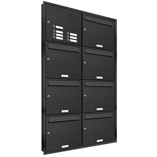 AL Briefkastensysteme, 7er Unterputzbriefkasten mit Klingel in Anthrazit Grau RAL 7016, 7 Fach wetterfeste Briefkastenanlage Design modern